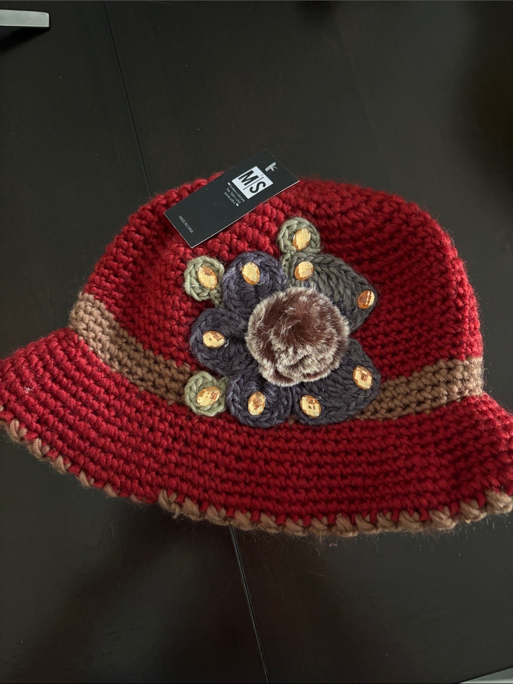 Kids Red Crochet Sun Hat with Flower Accent